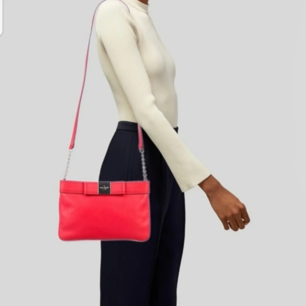 New Kate Spade Arica Primrose Hill Geranium Red Leather Bow Crossbody Clutch Bag
